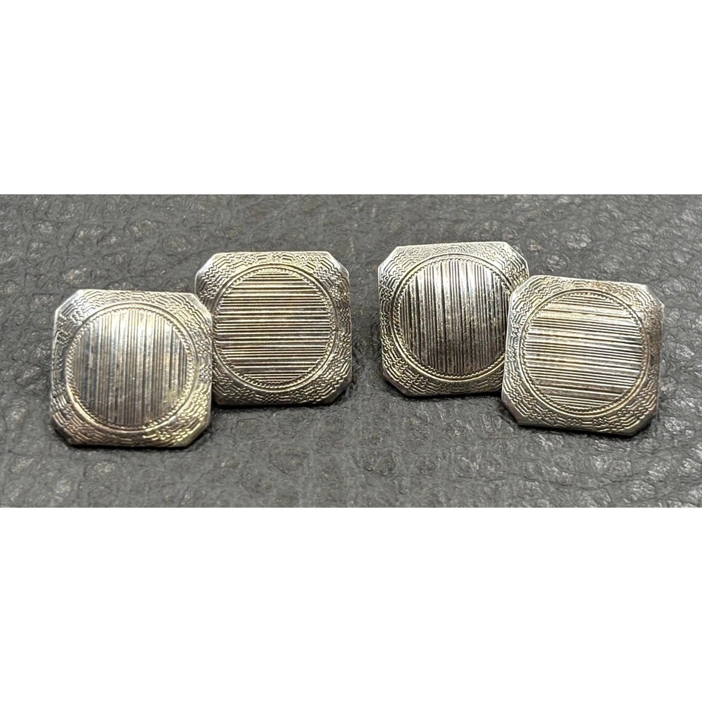 Vintage Art Deco Sterling Silver Etched Engine Turned Cufflinks Octagonal Panel
